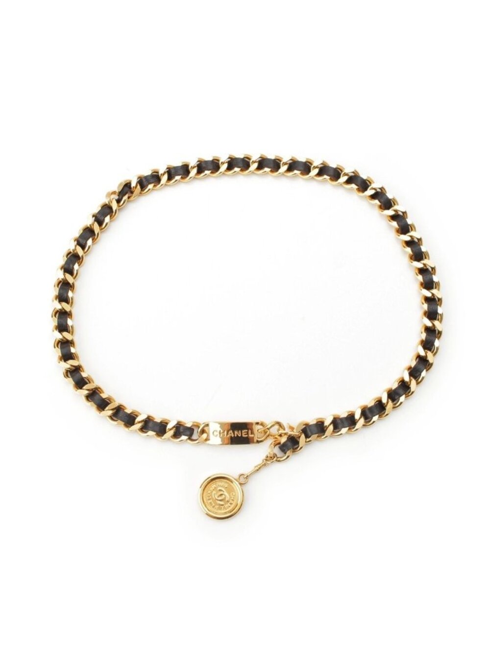 Chanel Leather Vintage 31 Rue Cambon Coin Logo ID Plate Chain Belt Gold Black